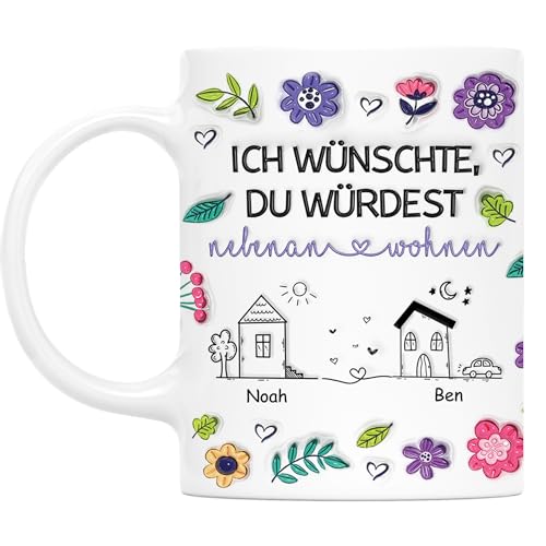Geschenke Mall Tasse Personalisiert - Ich Wünschte Du Würdest nebenan wohnen Blumen - Tasse freund, tasse beste freundin personalisiert, bester freund tasse, tasse blume (2 Personen) von Geschenke Mall