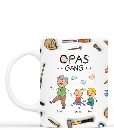 Geschenke Mall Tasse Personalisiert - Opas Papas Gang Werkzeug-Set - Vatertag geschenk, personalisierte geschenke papa, geschenk opa, tasse papa personalisiert, opa tasse (4 Kinder) von Geschenke Mall