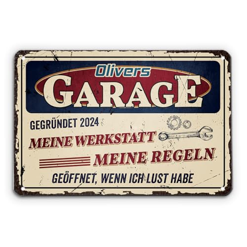 Geschenke Mall Türschild Personalisiert - Garage Meine Werkstatt Meine Regeln - Schild selbst gestalten, metallschild personalisiert, papas werkstatt schild, automechaniker geschenk (Modell #1) von Geschenke Mall