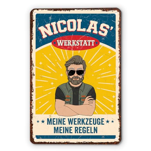Geschenke Mall Türschild Personalisiert - Garage Meine Werkstatt Meine Regeln - Schild selbst gestalten, metallschild personalisiert, papas werkstatt schild, automechaniker geschenk (Modell #5) von Geschenke Mall