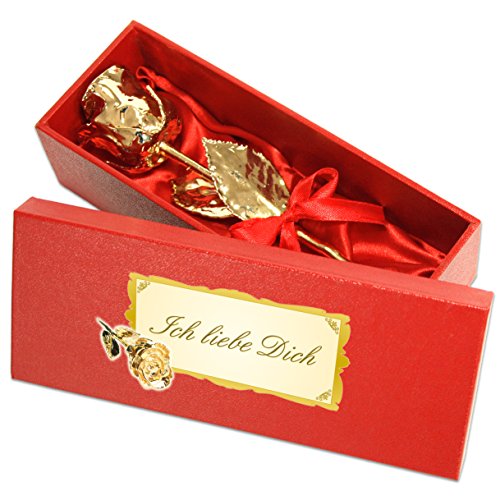 Echte Goldene Rose mit Widmung: Ich liebe dich, überzogen mit 999er GOLD, circa 16 cm, mit Geschenkschatulle und Echtheitszertifikat von Geschenke mit Namen