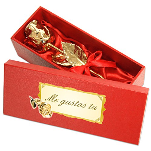 Echte Goldene Rose mit Widmung: Me gustas tu, überzogen mit 999er GOLD, circa 16 cm, mit Geschenkschatulle und Echtheitszertifikat von Geschenke mit Namen