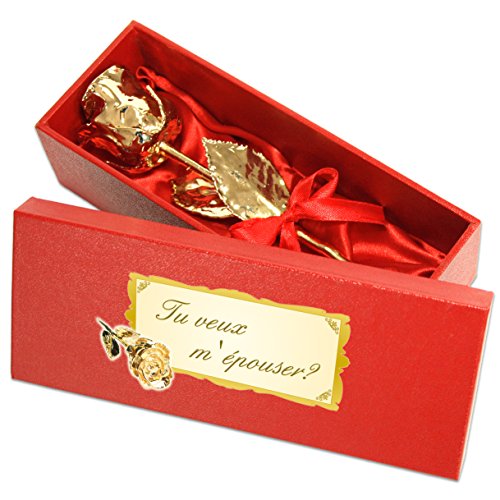 Echte Goldene Rose mit Widmung: Tu veux m'épouser?, überzogen mit 999er GOLD, circa 28 cm, mit Geschenkschatulle und Echtheitszertifikat von Geschenke mit Namen