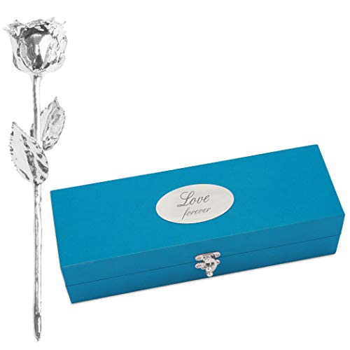 Echte Silberne Rose mit Widmung: Love forever, überzogen mit 925er Silber, ca. 28 cm lang, inkl. hochwertiger Satin-Geschenkschatulle und Echtheitszertifikat von Geschenke mit Namen