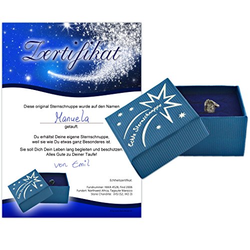 Geschenke mit Namen Echte Sternschnuppe in Geschenkbox mit Widmung zur Taufe - Meteorit mit Echtheitszertifikat und Taufzertifikat, 21 x 3.5 x 15 cm von Geschenke mit Namen