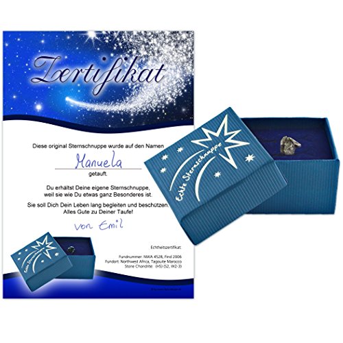 Geschenke mit Namen Echte Sternschnuppe in Geschenkbox mit Widmung zur Taufe - Meteorit mit Echtheitszertifikat und Taufzertifikat, 21 x 3.5 x 15 cm, blau von Geschenke mit Namen
