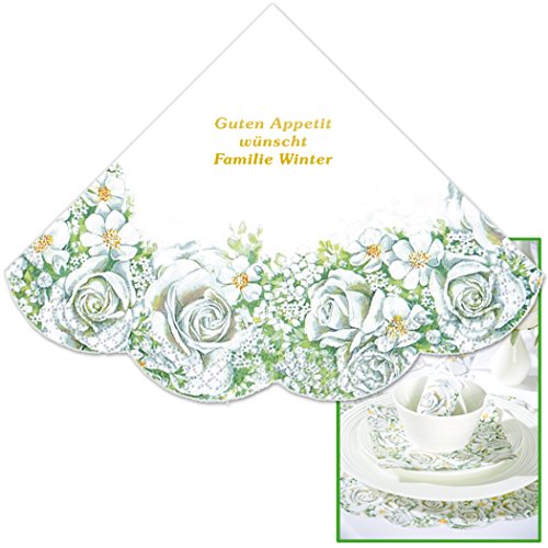 Servietten Romantik Rondo mit Rosenmotiv, einzeln geprägt mit Ihrem WUNSCHTEXT in GOLDSCHRIFT, Ø ca. 34 cm Servietten Romantik Rondo mit Rosenmotiv, einzeln geprägt mit Ihrem WUNSCHTEXT in GOLDSCHRIFT, Ø ca. 34 cm von Geschenke mit Namen