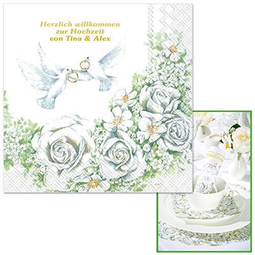 Servietten Romantik mit Rosenmotiv, einzeln geprägt mit Ihrem WUNSCHTEXT in GOLDSCHRIFT, ca. 33 x 33 cm von Geschenke mit Namen