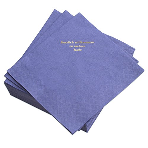 Servietten blau, Prägung in Gold-Schrift: HERZLICH WILLKOMMEN ZU MEINER TAUFE, 25 Stück, ca. 33 x 33 cm von Geschenke mit Namen