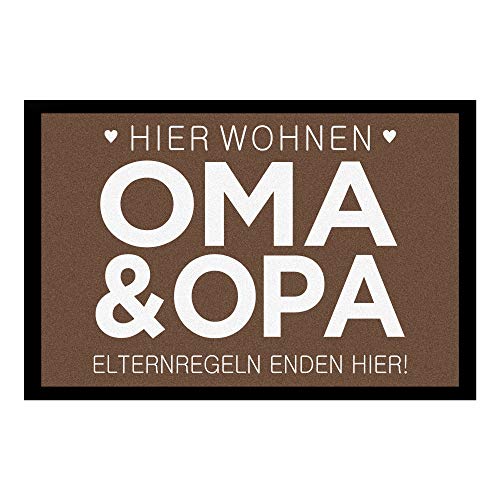 Geschenke.de e Fußmatte Elternregeln Enden Hier 40x60 braun – Geschenk für Oma & Opa – Rutschhemmend – Geschenkidee für Großeltern – für Innen & Außen – Velour Filz von Geschenke.de