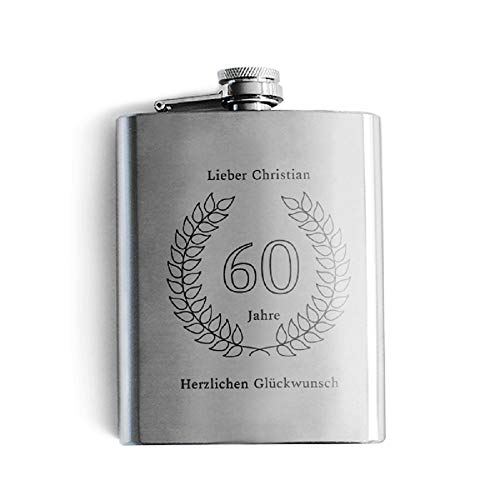 Geschenke.de Flachmann Edelstahl 60. Geburtstag mit Gravur Name inkl. Trichter zum einfüllen und 4 Shot Gläser, Geschenkidee Runder Geburtstag, Fassungsvermögen 200ml von Geschenke.de