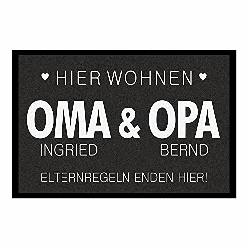 Geschenke.de Personalisierte Fußmatte Elternregeln Enden Hier 40x60 schwarz – Geschenk für Oma & Opa – Rutschhemmend – Geschenkidee für Großeltern – für Innen & Außen – Velour Filz von Geschenke.de