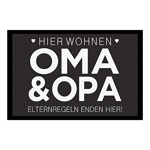 Geschenke.de e Fußmatte Elternregeln Enden Hier 50x70 schwarz – Geschenk für Oma & Opa – Rutschhemmend – Geschenkidee für Großeltern – für Innen & Außen – Velour Filz von Geschenke.de