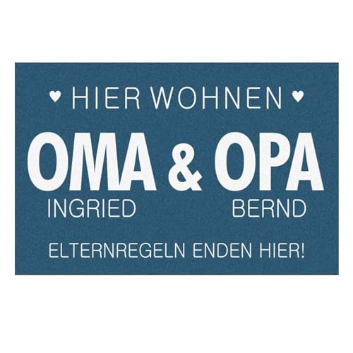 Geschenke.de Personalisierte Fußmatte Elternregeln Enden Hier 40x60 blau – Geschenk für Oma & Opa – Rutschhemmend – Geschenkidee für Großeltern – für Innen & Außen – Velour Filz von Geschenke.de