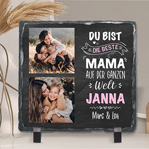 Geschenke.de Schiefertafel mit Spruch Du bist die Beste Mama. zum Aufstellen, Personalisiertes Geschenk für Mütter mit 2 Fotos von den Kindern und ihren Namen, Geschenkidee zum Muttertag, Geburtstag von Geschenke.de