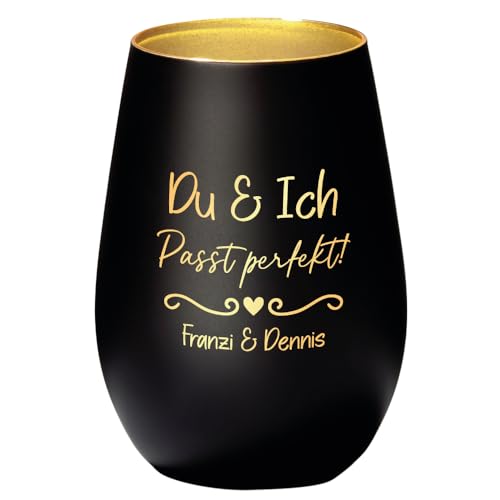 Geschenke.de Windlicht Hochzeit Du & Ich personalisiert mit Wunschnamen – Teelichthalter mit Gravur zur Hochzeit – Geschenkidee für das Brautpaar – Hochzeitsgeschenk - Schwarz-Gold von Geschenke.de