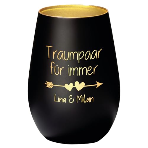 Geschenke.de Windlicht Hochzeit Traumpaar für Immer personalisiert mit Wunschnamen – Teelichthalter mit Gravur zur Hochzeit – Geschenkidee für das Brautpaar – Hochzeitsgeschenk – Schwarz-Gold von Geschenke.de