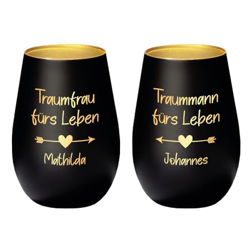 Geschenke.de Windlicht Set Hochzeit Traummann & Traumfrau personalisiert mit Wunschnamen – Teelichthalter mit Gravur zur Hochzeit – Geschenkidee für das Brautpaar – Schwarz-Gold von Geschenke.de