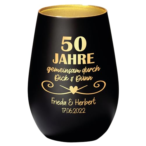 Geschenke.de Windlicht personalisiert Goldene Hochzeit Durch dick & Dünn mit Namen & Datum – Teelichthalter mit Gravur zum 50. Jahre Jubiläum – Geschenkidee für Eltern, Großeltern – Schwarz-Gold von Geschenke.de