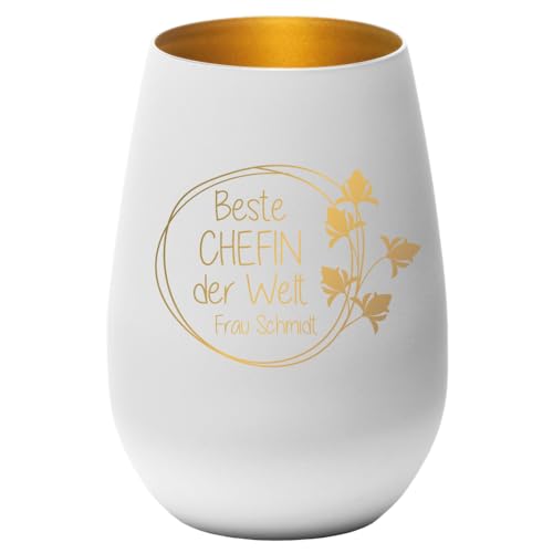 Geschenke.de Windlicht personalisiert mit Namen Beste Chefin – Teelichthalter mit Gravur zu Weihnachten – Geschenkidee für Arbeitskollegen – Wichtelgeschenk - Weiß-Gold von Geschenke.de