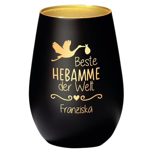 Geschenke.de Windlicht personalisiert mit Namen Beste Hebamme – Teelichthalter mit Gravur zu Weihnachten – Geschenk als Dankeschön – Geburtstagsgeschenk Danke Sagen - Schwarz-Gold von Geschenke.de