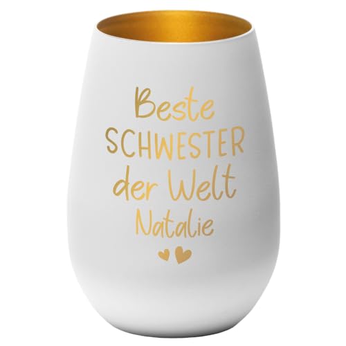 Geschenke.de Windlicht personalisiert mit Namen Beste Schwester – Teelichthalter mit Gravur zu Weihnachten, Nikolaus – Geschenk zum Wichteln – Geburtstagsgeschenk für Geschwister - Schwarz-Gold von Geschenke.de