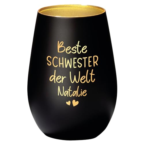 Geschenke.de Windlicht personalisiert mit Namen Beste Schwester – Teelichthalter mit Gravur zu Weihnachten, Nikolaus – Geschenk zum Wichteln – Geburtstagsgeschenk für Geschwister - Weiß-Gold von Geschenke.de