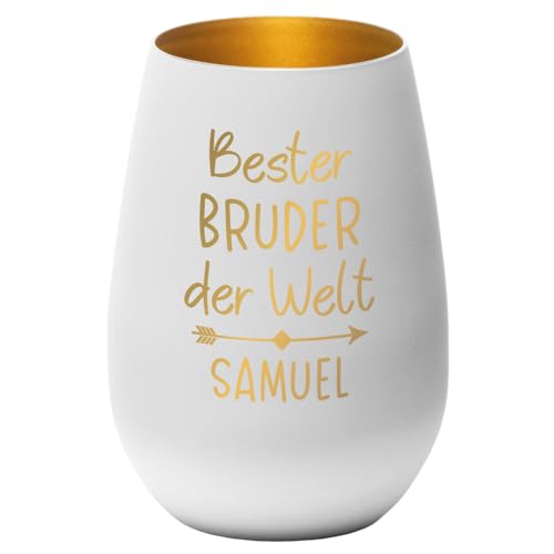 Geschenke.de Windlicht personalisiert mit Namen Bester Bruder – Teelichthalter mit Gravur zu Weihnachten, Nikolaus – Geschenk zum Wichteln – Geburtstagsgeschenk für Geschwister - Weiß-Gold von Geschenke.de