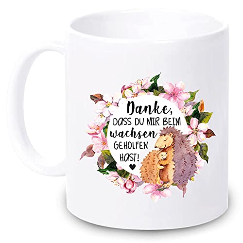 Weiße Tasse -Danke, DASS du Mir beim Wachsen geholfen hast- mit Blumenkranz tolle Geschenkidee mit schönem Spruch Geburtstag Igel Muttertag Vatertag von Geschenke.de