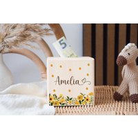 Spardose Mädchen Personalisiert, Mit Namen, Geschenk Einschulung, Geburt, Taufe, Geldgeschenk Kind, Kinderzimmer, Blumen von GeschenkeWerkDE