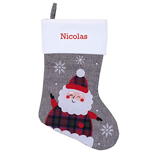 Geschenkegarten Personalisierter Weihnachtsstiefel in grauem Leineneffekt mit Stickerei - Weihnachtsdekoration (Weihnachtsmann) von Amikado