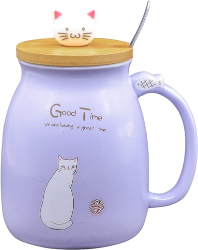 PREMIUM Kitty Cup Tassen-Set im süßen Katzen-Design: Mit hochwertigem Deckel und Löffel für Tierliebhaber zum Kaffee oder Tee in Blau, Rosa und Gelb I Geschenkidee für alle Katzenfreunde (Violett) von Geschenkehöhle