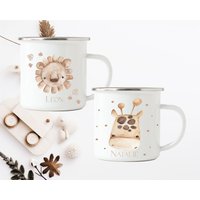 Emaille Becher Mit Löwe Giraffe/ Kindertasse Safari/ Keramik Tasse Geschenk von Geschenkekastl