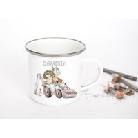 Kindertasse Personalisiert Mit Bagger Und Dino/ Emaille Becher Für Junge von Geschenkekastl