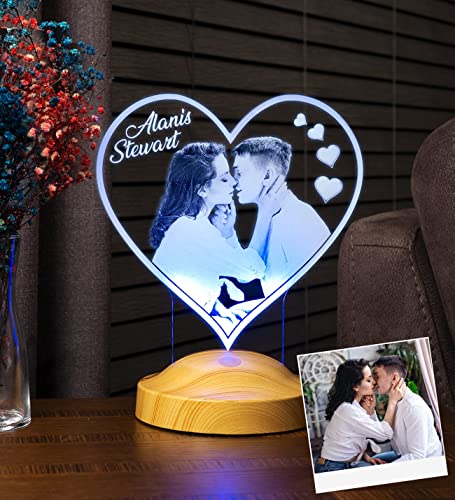 Geschenkelampe Fotogeschenk Personalisierbar mit eigenem Foto und Text in 3D Bilder Led Motiv Lampe gravieren hochzeit Herz (Herz Fotolampe) von Geschenkelampe