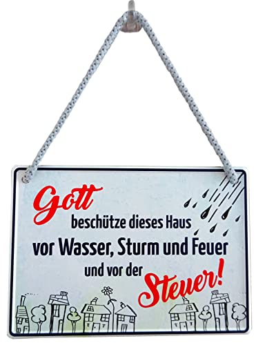 Blechschild mit Kordel 16x11cm Gott beschütze Dieses Haus vor Wasser, Sturm und Feuer und vor der Steuer von Geschenkeparadies 24