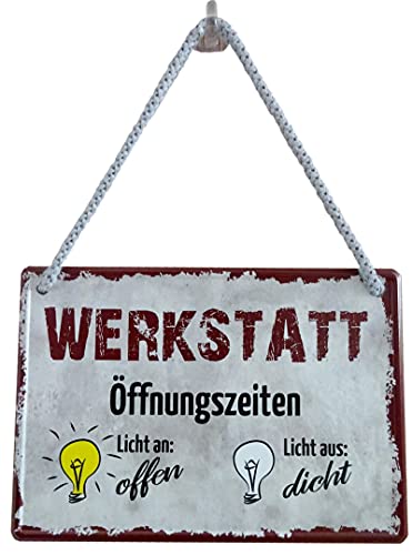 Geschenkeparadies 24 Blechschild mit Kordel Hängeschild 16x11cm Werkstatt Öffnungszeiten Licht an: offen Licht aus: dicht von Geschenkeparadies 24