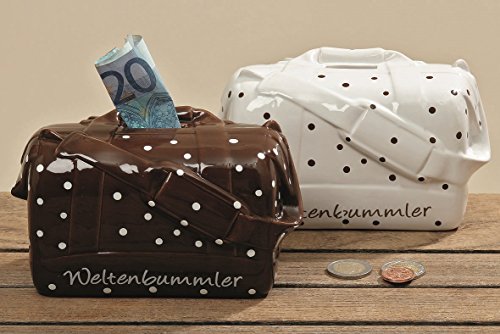 2 er Set Spardose Reisetasche Braun und Weiss je gepunktet ca. 16 cm Gross Sparbüchse Sparschwein von Geschenkestadl