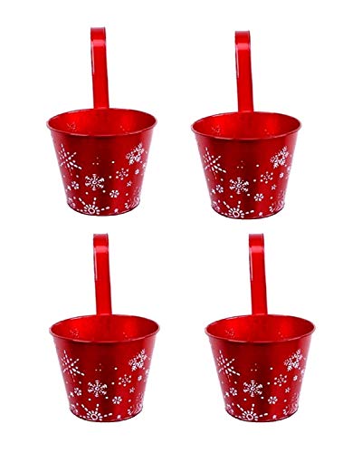 Geschenkestadl 4 Stück Hängetöpfe Blumentopf 14 cm in rot mit Weihnachtsmotiven Schneeflocken Eiskristalle von Geschenkestadl