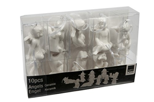 Geschenkestadl 10 Stück Engel Figuren in Weiss aus Keramik zum Hängen Christbaumschmuck von Geschenkestadl