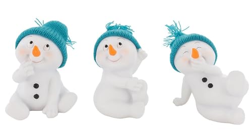 Geschenkestadl 3 Stück Schneemann Figuren türkis sitzend 11,5cm Weihnachten Dekofiguren Winterdeko von Geschenkestadl