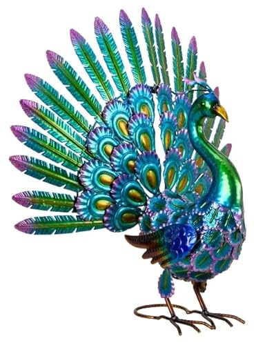 Geschenkestadl Bunter imposanter Metall Pfau 52cm Vogelfigur Gartenfigur Dekoration Haus Garten, 882301 von Geschenkestadl