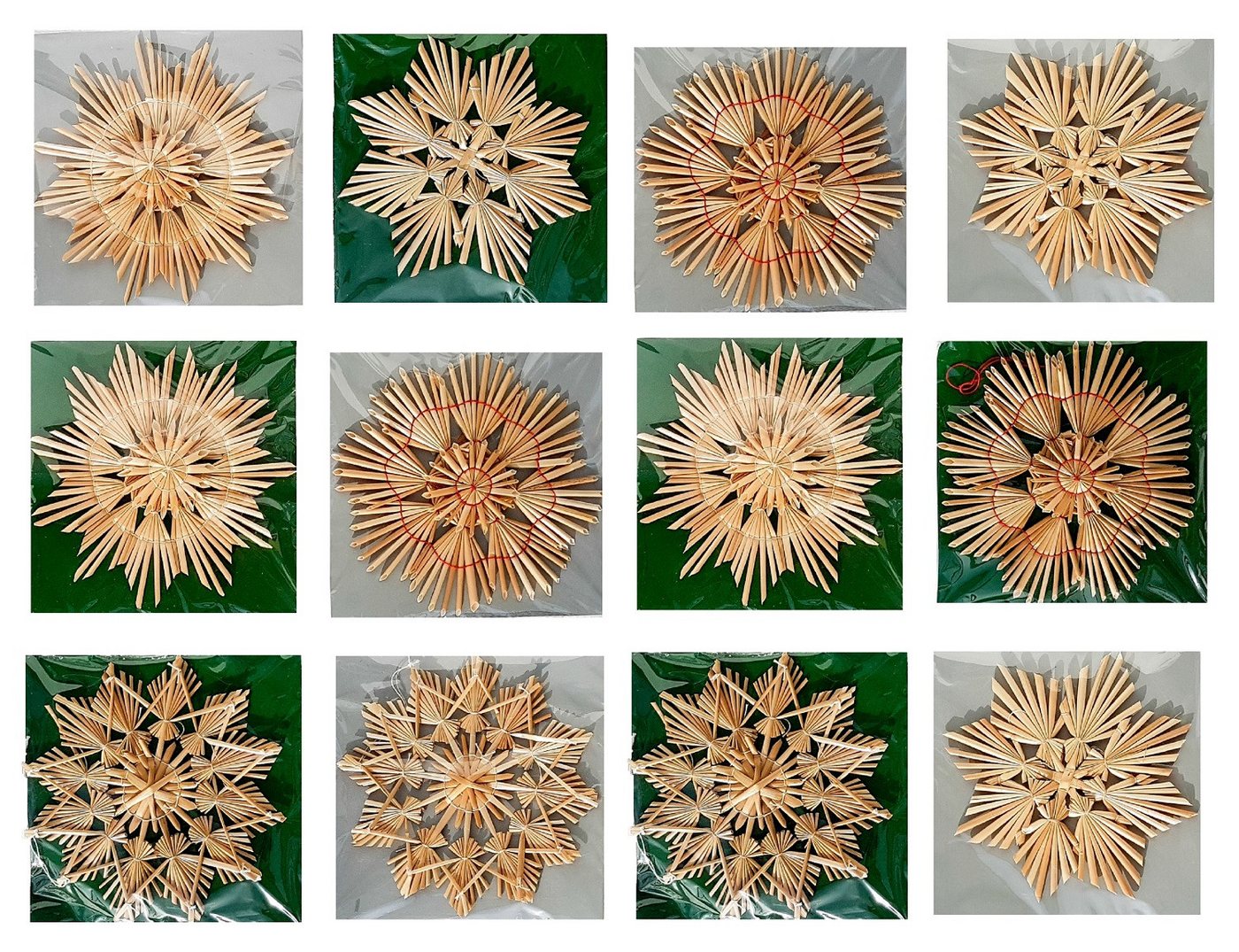 Geschenkestadl Christbaumschmuck Stroh Weihnachtsanhänger, Strohsterne viele Motive, Größe, Menge (12-tlg) von Geschenkestadl