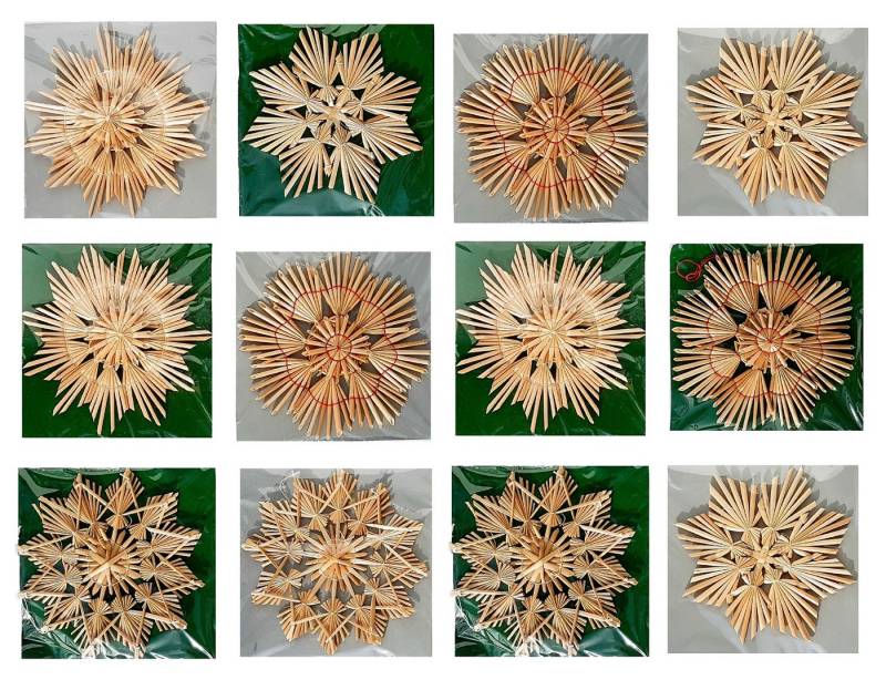 Geschenkestadl Christbaumschmuck Stroh Weihnachtsanhänger, Strohsterne viele Motive, Größe, Menge (12-tlg) von Geschenkestadl