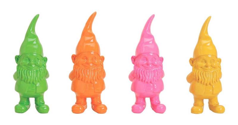 Geschenkestadl Gartenzwerg 4 föhliche Gartenzwerge in Gelb, Orange, Grün und Pink Gartenzwerg, (4 St) von Geschenkestadl