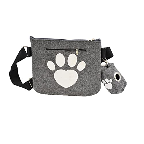 Geschenkestadl Set Hunde Futterbeutel Kotbeutelspender Leckerli Beutel Gassi Tasche Filz Grau Pfote, 22,5 cm x 19 cm von Geschenkestadl