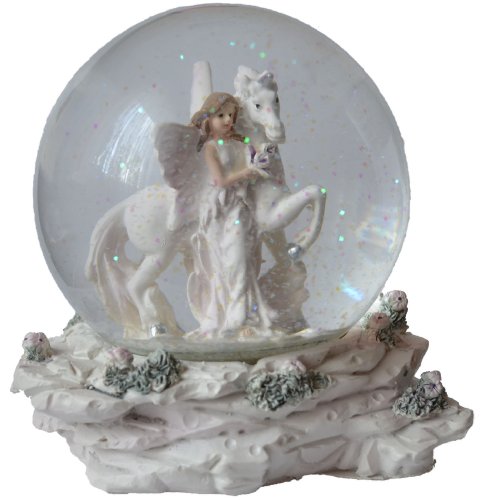 Glimmerkugel / Schneekugel mit Elfe an Einhorn stehend von Geschenkestadl
