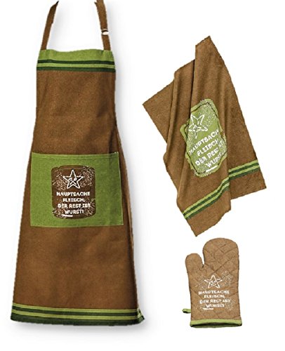 Hauptsache Fleisch Kochschürze Geschirrtuch Handschuh Baumwolle 3 teilig (Braun) von Geschenkestadl
