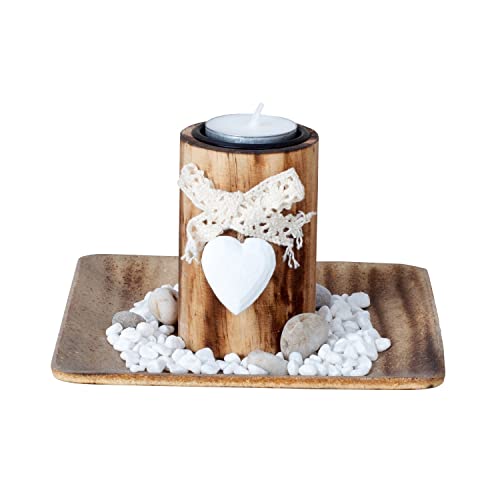 Geschenkestadl Teelichthalter Set Holz Tablett Herz Deko Kerzen Arrangement Landhaus (15,5 x 15,5 cm), Braun, Weiß von Geschenkestadl