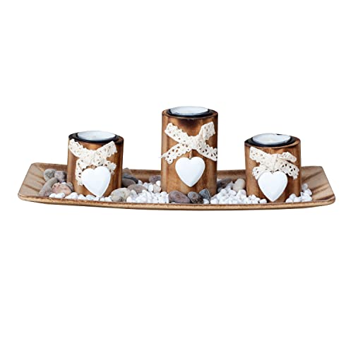 Teelichthalter Set Holz Tablett Herz Deko Kerzen Arrangement Landhaus (31,5 x 12,5 cm) von Geschenkestadl